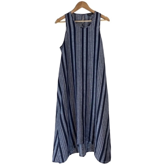Lord & Taylor Blue Striped Sleeveless Linen Midi Dress Size Large - Picture 1 of 5